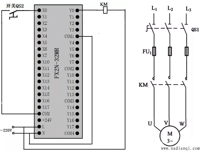 定时器与计数器组合延长定时控制的PLC接线图